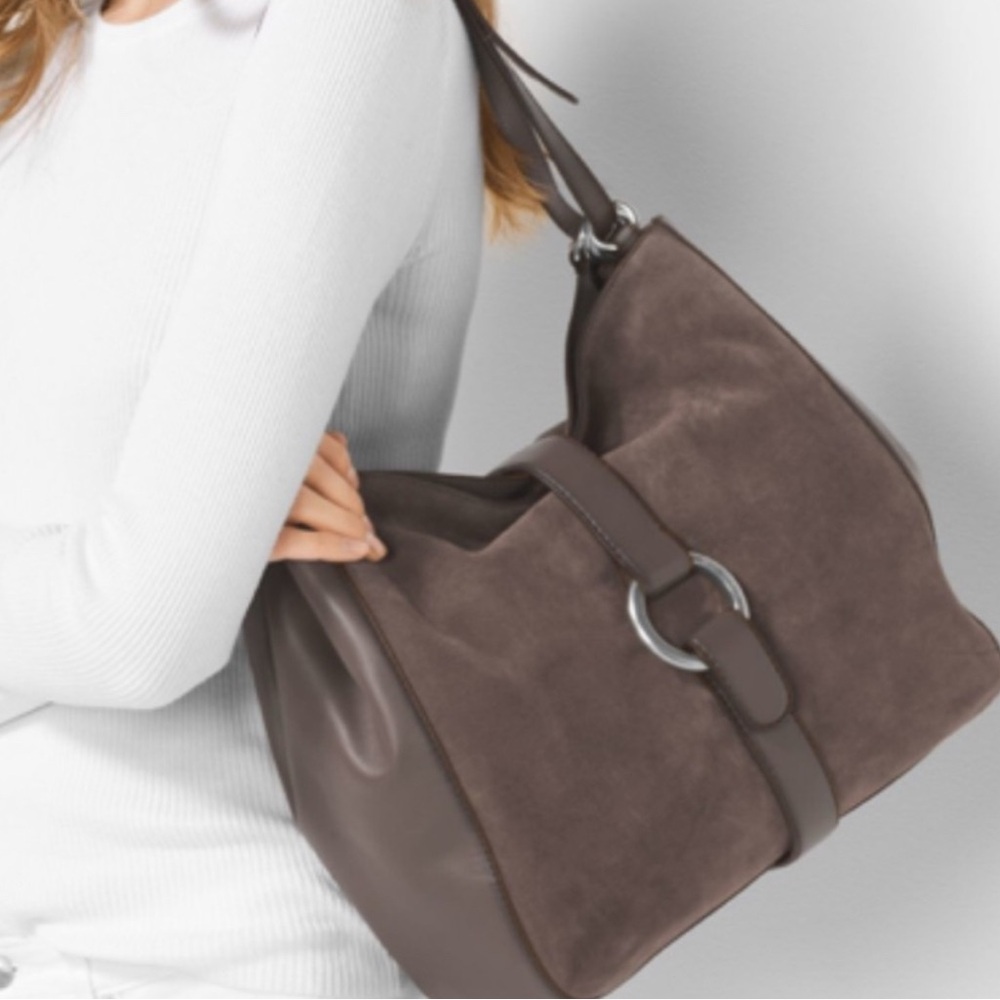 Michael Kors Quincy Large Shoulder Tote Bag Purse; Grey, Suede and Leather